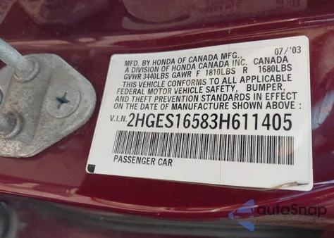 2003 Honda Civic Lx from USA, damaged, VIN 2HGES16583H611405